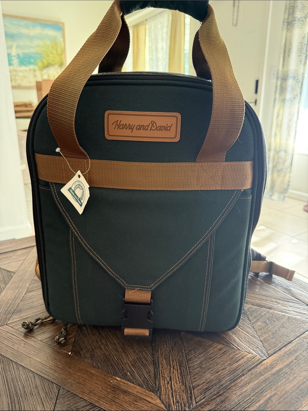 Harry & David Green Insulated Picnic Backpack Cooler Set Plates Glasses Utensils